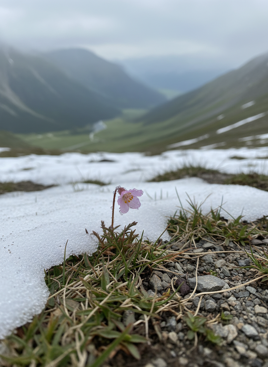 A single, intricately detailed wildflower pushes up through a thin patch of late-spring snow on a mountain slope, its petals a soft blush pink with dewdrops catching the light. Around it, the ground is a tapestry of melting snow, emerging grass, and small stones. The background fades into a gentle blur of green valley and distant, hazy peaks. Soft, diffused overcast light creates a serene, contemplative atmosphere, highlighting the fragile resilience of the flower. Photographic realism with a low-angle, close-up composition emphasizes strength in vulnerability, mirroring themes of grief, healing, and unexpected beauty in seasons of loss.