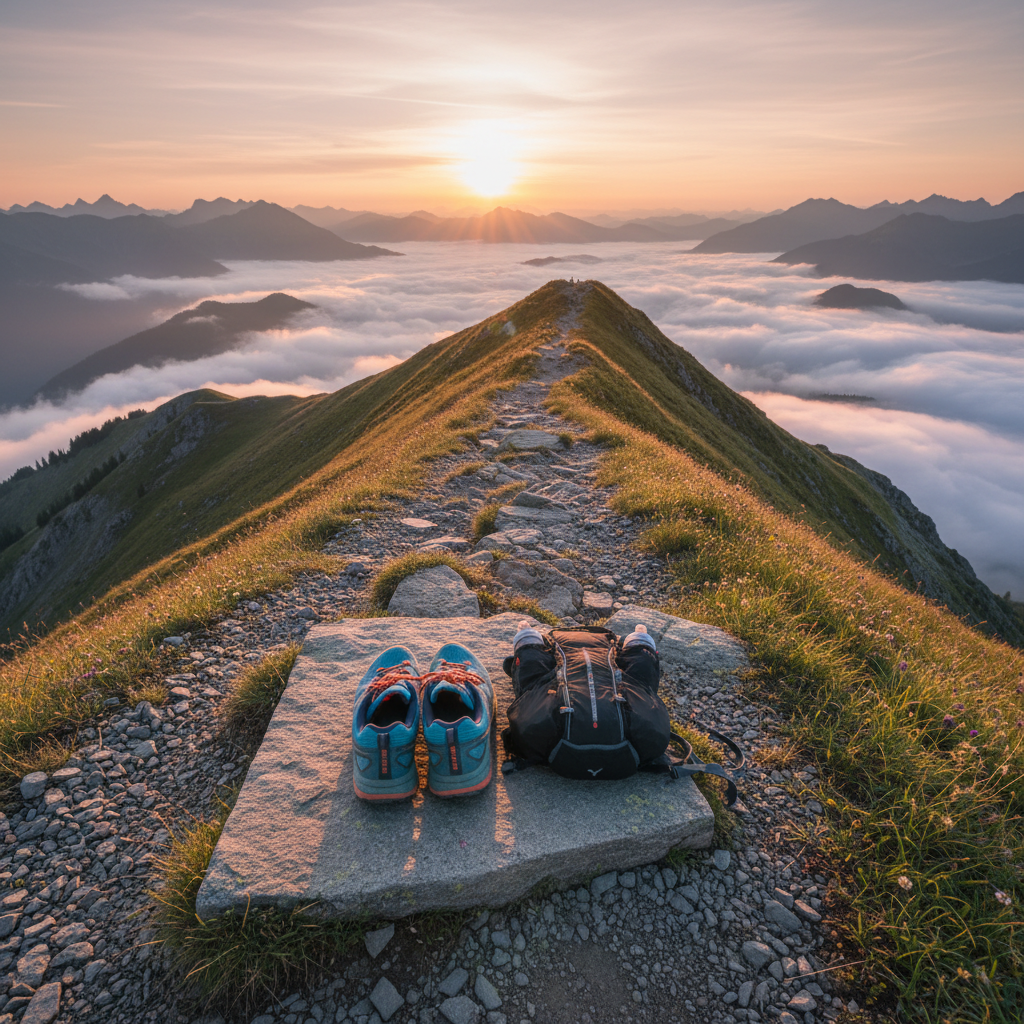 A narrow mountain ridge trail at sunrise, captured from behind a pair of neatly placed running shoes and a small hydration vest resting on a flat rock, as if paused mid-journey. The sky glows with soft pinks and golds, casting long shadows across the rocky path and illuminating patches of hardy grass. Clouds drift low in the valley below, giving a sense of height and possibility. Photographic realism with a wide-angle, slightly elevated perspective creates a feeling of freedom, challenge, and joy in movement, symbolizing perseverance through work, change, and uncertainty.