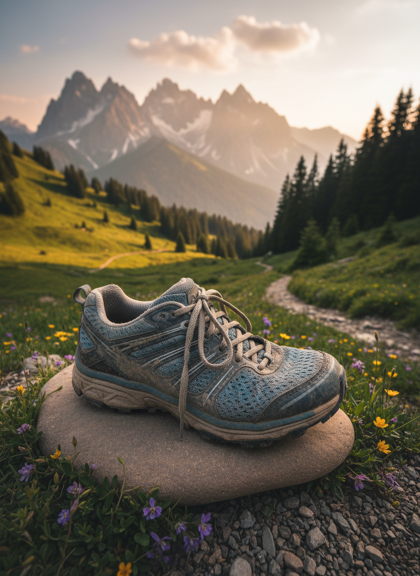 A well-worn trail running shoe, its mesh fabric dusted with fine mountain dirt, rests on a smooth rock at the edge of an alpine path. Behind it stretch rolling green hills, distant snowy peaks, and a winding trail disappearing into a pine forest. Late afternoon golden-hour sunlight filters through high clouds, casting a warm glow on the shoe’s textured laces and the small wildflowers at its base. Photographic realism with a shallow depth of field keeps the shoe and rock in sharp focus while the landscape softly blurs, creating a contemplative, hopeful mood that suggests personal growth and the long journey of becoming.