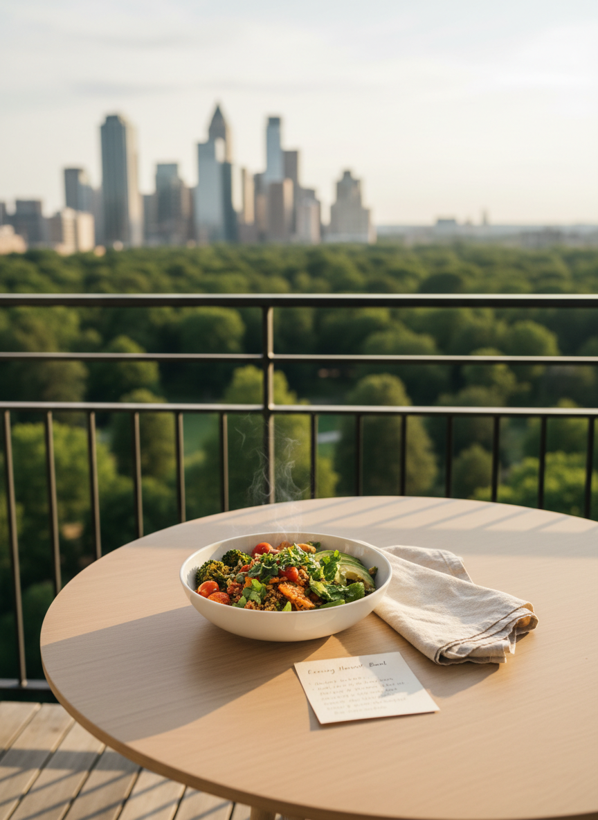 A minimalist dining table set on a balcony overlooking a lush, green city park, topped with a simple white plate holding a vibrant grain bowl of roasted vegetables, avocado, and scattered herbs. A folded linen napkin and a small, handwritten recipe card rest beside it. In the distance, blurred city buildings rise beyond the treetops, suggesting work and leadership amid nature. Soft golden evening light bathes the scene, catching the steam rising from the food and casting gentle shadows. Photographic realism with a slightly elevated angle creates a refined, sophisticated mood that blends nourishment, modern life, and intentional living.