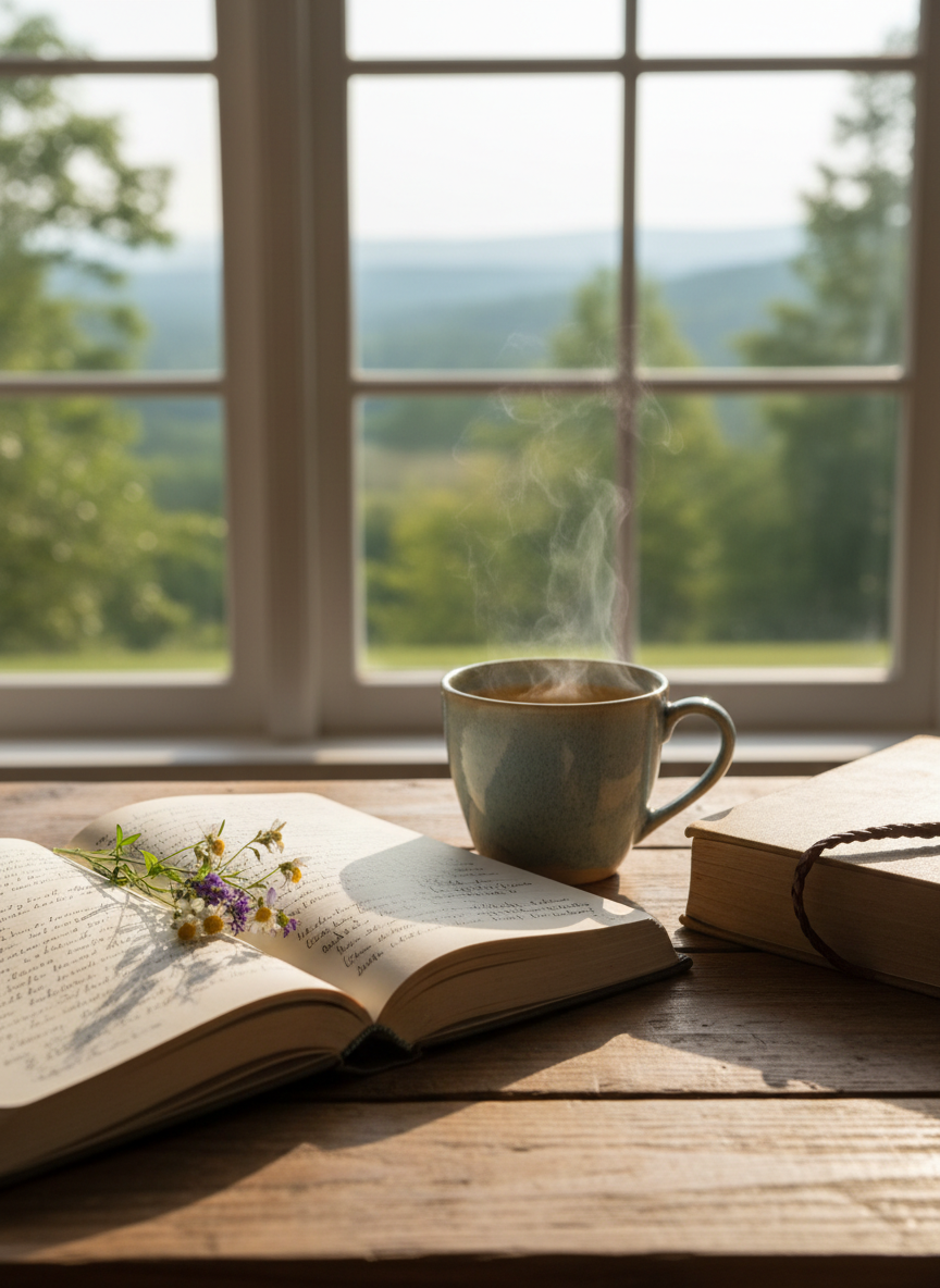 An open linen-bound journal lies on a rustic wooden table beside a gently steaming mug of herbal tea, the tea’s amber surface reflecting the soft light. A sprig of mountain wildflowers rests across the page, and a well-thumbed paperback book sits nearby with a bookmark peeking out. Beyond, a large window reveals blurred shapes of green trees and distant hills. Early morning light streams in, casting delicate shadows and illuminating the paper’s subtle texture. Shot at eye level in photographic realism with a calm, balanced composition, the scene feels introspective and sophisticated, evoking reflection on faith, work, loss, and everyday moments of quiet growth.