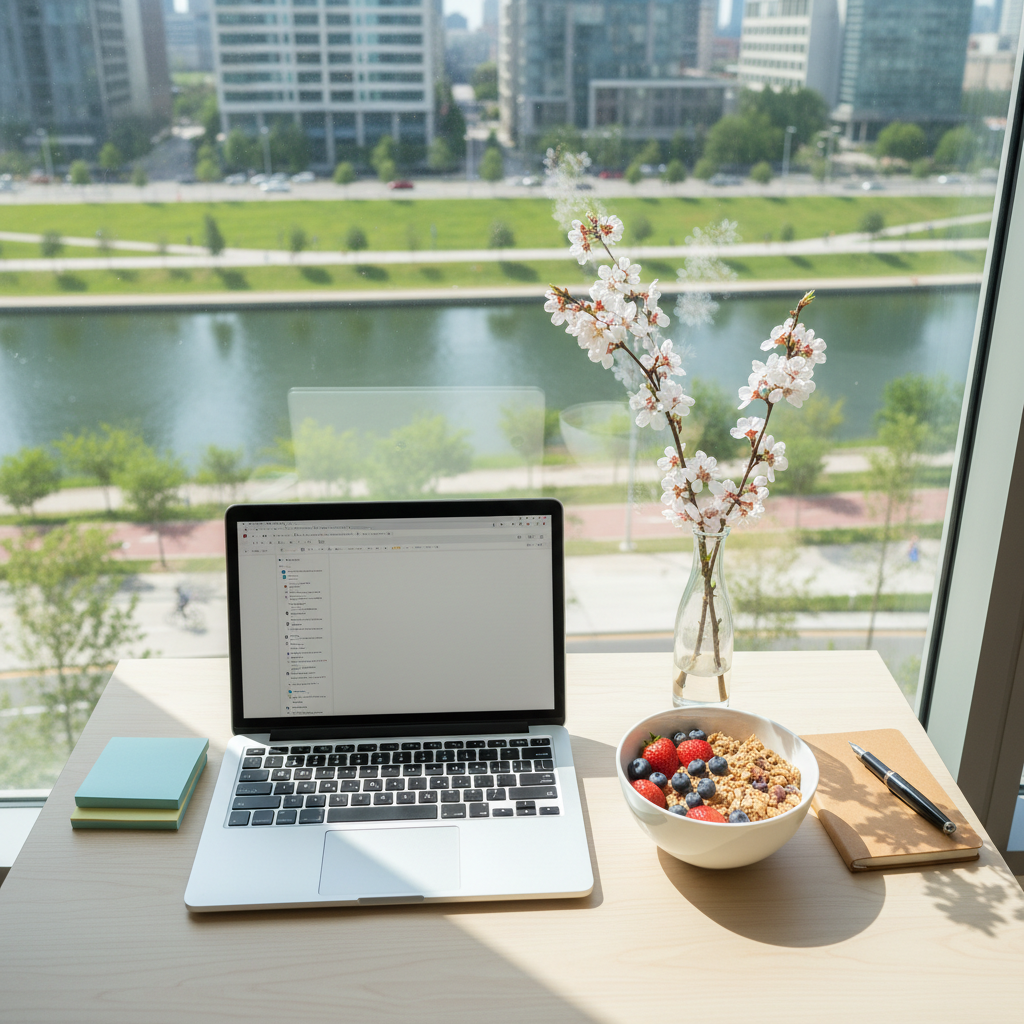 An overhead view of a small, well-organized writing desk by a window, featuring a slim laptop, a neat stack of sticky notes, a ceramic bowl with fresh berries and granola, and a delicate vase holding a single branch of blossoming wildflowers. Outside the window, a blurred cityscape meets a stretch of green riverfront path, suggesting balance between work and renewal. Soft midday natural light washes across the desk, creating gentle shadows and subtle reflections on the laptop surface. Photographic realism with clean lines and a balanced composition conveys a sophisticated, focused atmosphere of vocation, creativity, and intentional living.