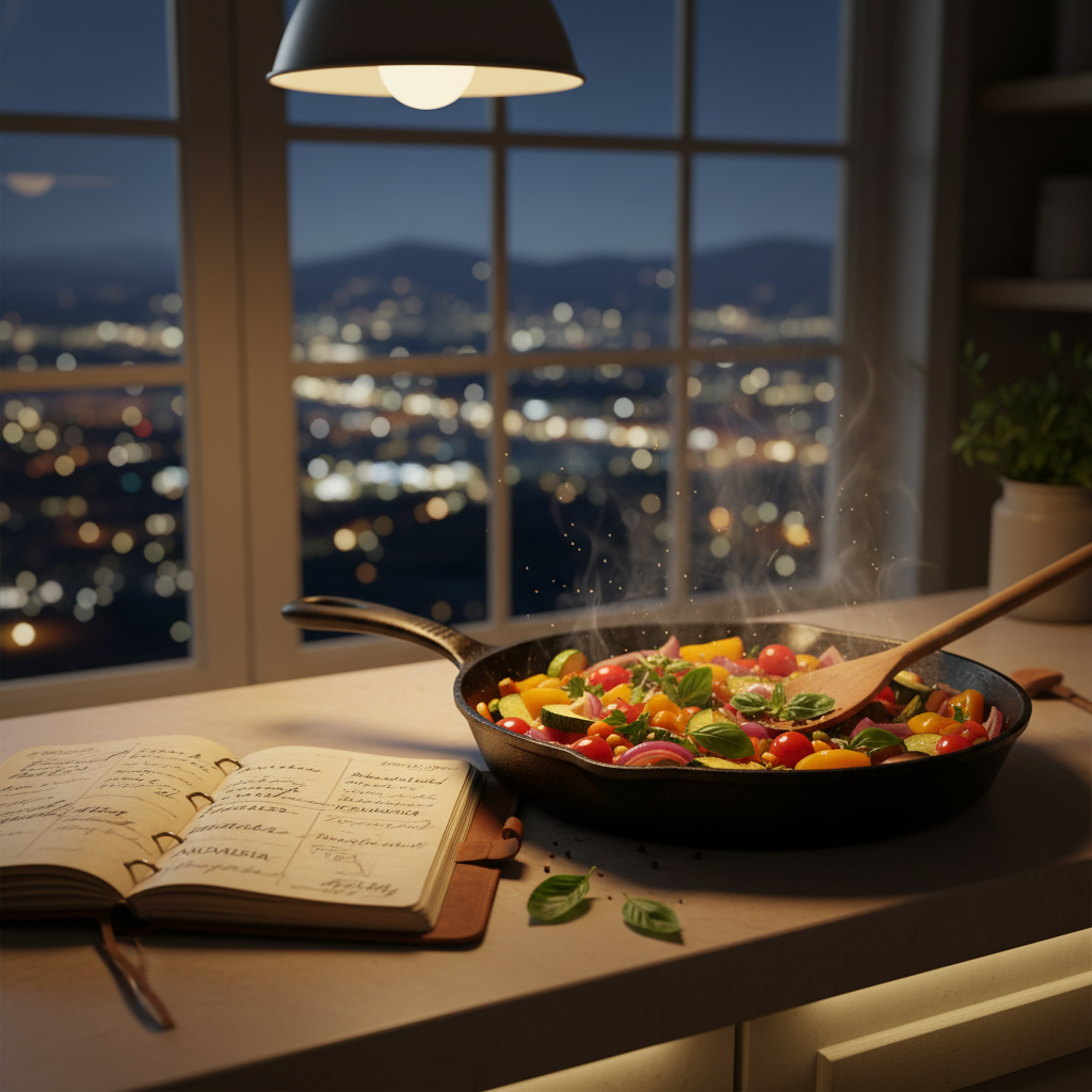 A small, warmly lit kitchen counter with a cast-iron skillet of sizzling colorful vegetables and herbs, captured mid-stir with a wooden spoon resting across the pan’s edge. Nearby, a travel-worn notebook lies open, showing faint impressions of recipes and place names. Through a nearby window, twinkling city lights and the faint silhouette of distant hills hint at journeys and stories. The scene is photographed at a three-quarter angle with rich, warm tones and shallow depth of field, creating a cozy, hospitable mood that blends food, travel, and the simple joys that sustain growth through busy seasons.