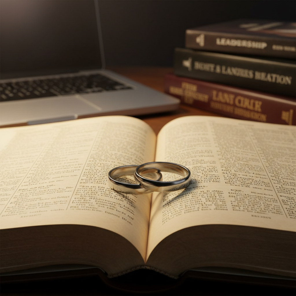 A pair of intertwined silver wedding bands rest on the open pages of a slightly aged leather Bible, the thin paper showing faint underlined passages and soft wear at the edges. The rings sit where the pages naturally curve into a subtle heart-like shape. In the background, out of focus, lies a closed laptop and a neat stack of leadership books, hinting at work and ministry. Warm lamplight from the side casts gentle highlights on the metal and a soft glow across the page. Photographic realism with a close-up, centered composition conveys a mature, thoughtful atmosphere of faith, marriage, and shared calling.